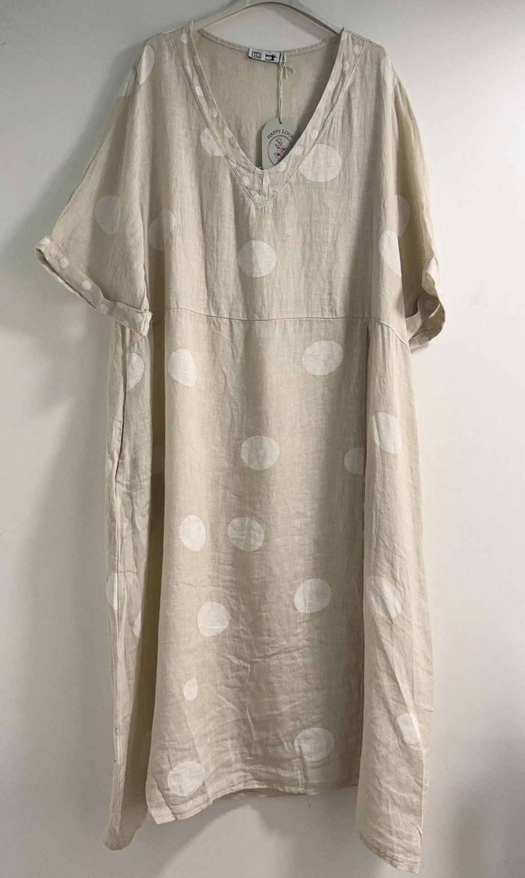 72271 Long Polka Dot Dress Linen with V-neck and Short Sleeves