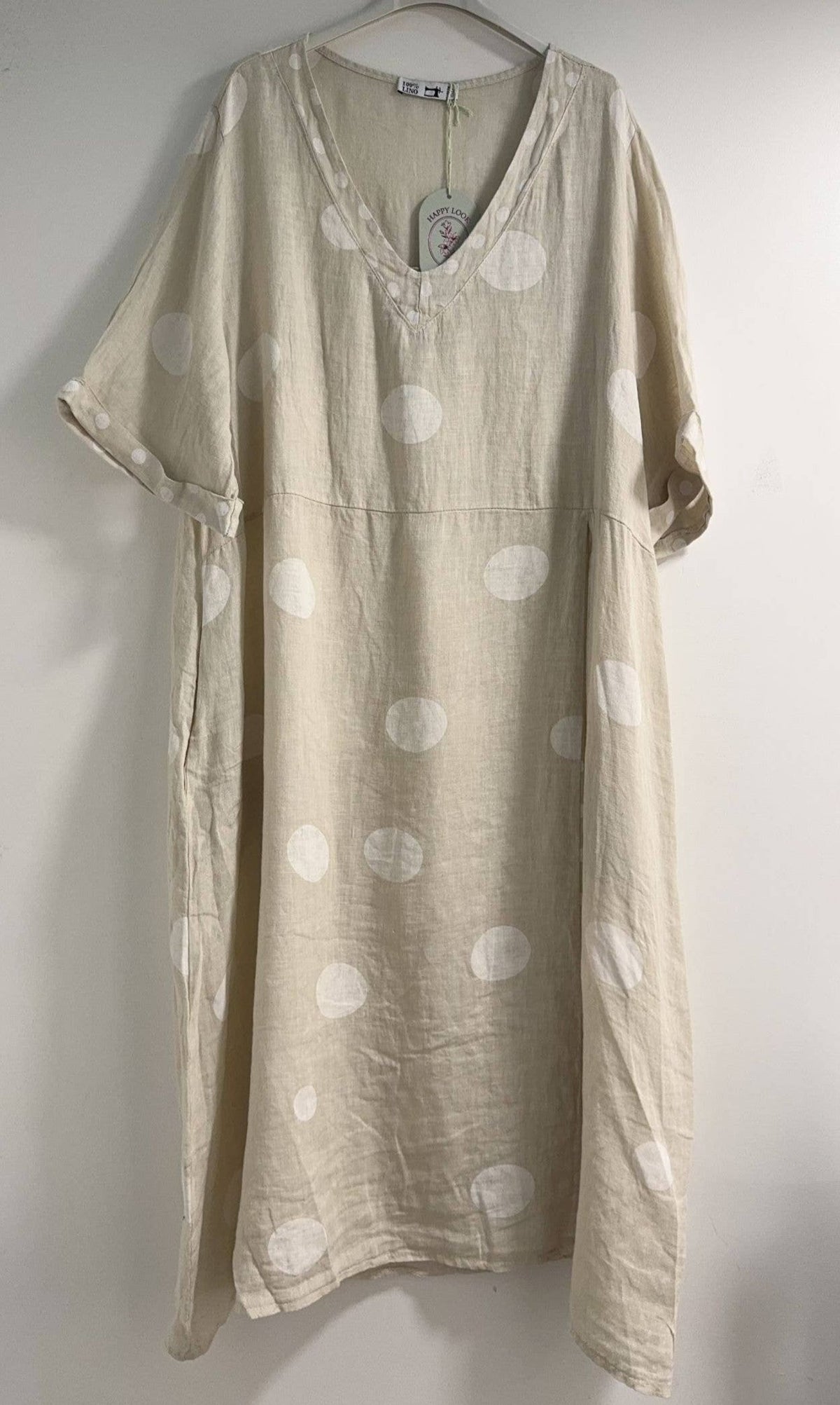 72271 Long Polka Dot Dress Linen with V-neck and Short Sleeves