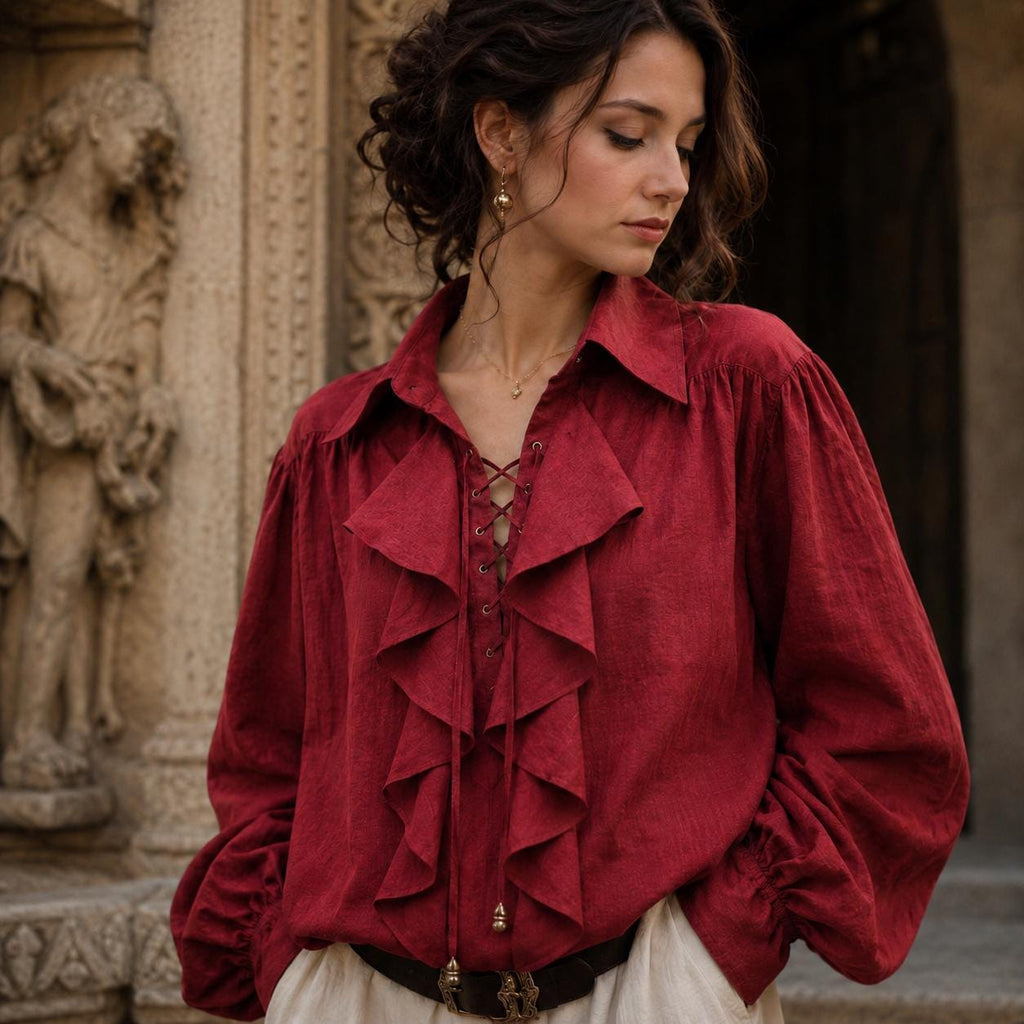 100% linen pirate shirt with ruffle front and lace-up neckline in natural color