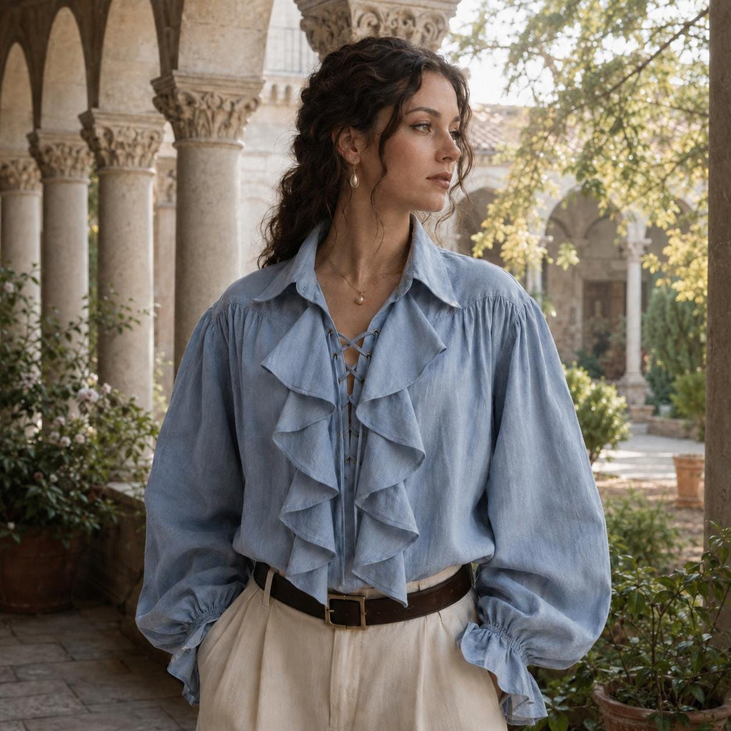 Renaissance ruffle blouse with voluminous puff sleeves and loose comfortable fit