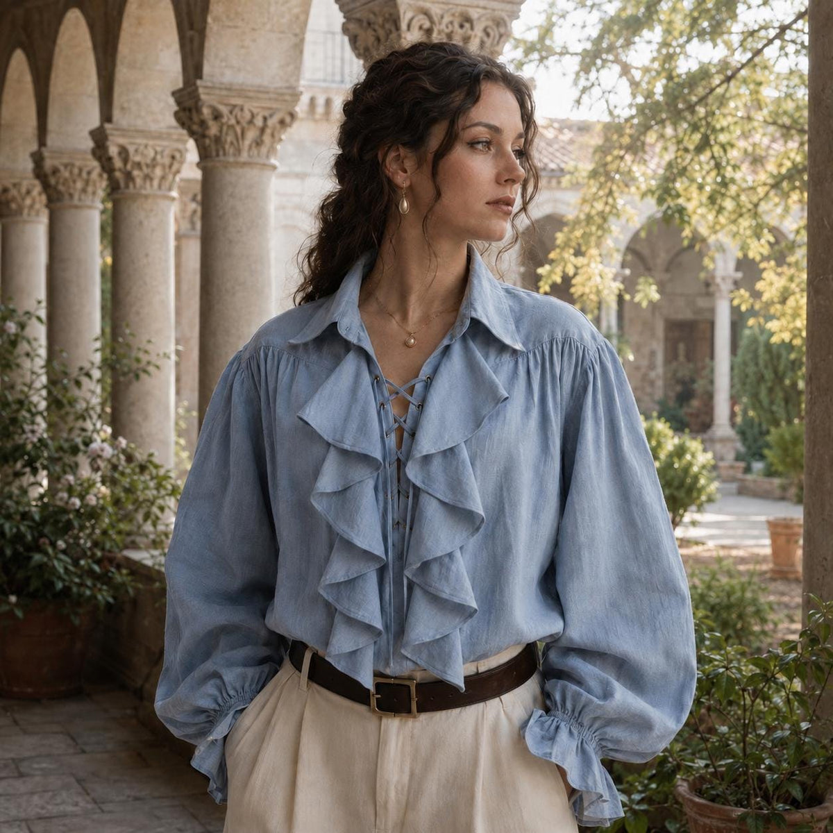 Renaissance ruffle blouse with voluminous puff sleeves and loose comfortable fit