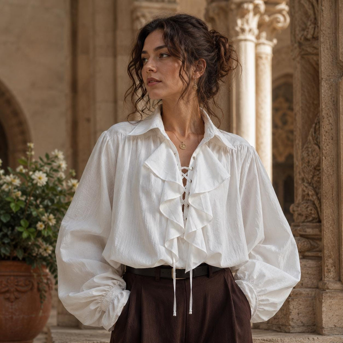 Lace-up medieval top styled for ren faire, LARP, and cosplay costumes