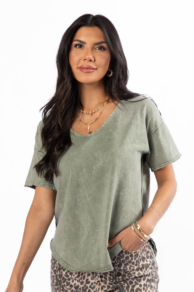 Tell Me About It Olive Acid Wash Scoop Neck Tee FINAL SALE