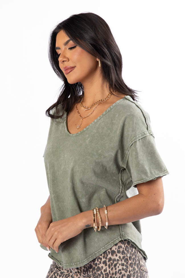 Tell Me About It Olive Acid Wash Scoop Neck Tee FINAL SALE
