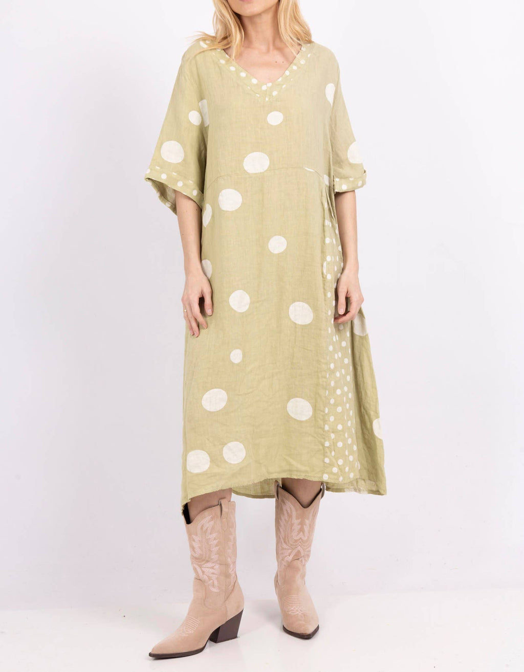 72271 Long Polka Dot Dress Linen with V-neck and Short Sleeves