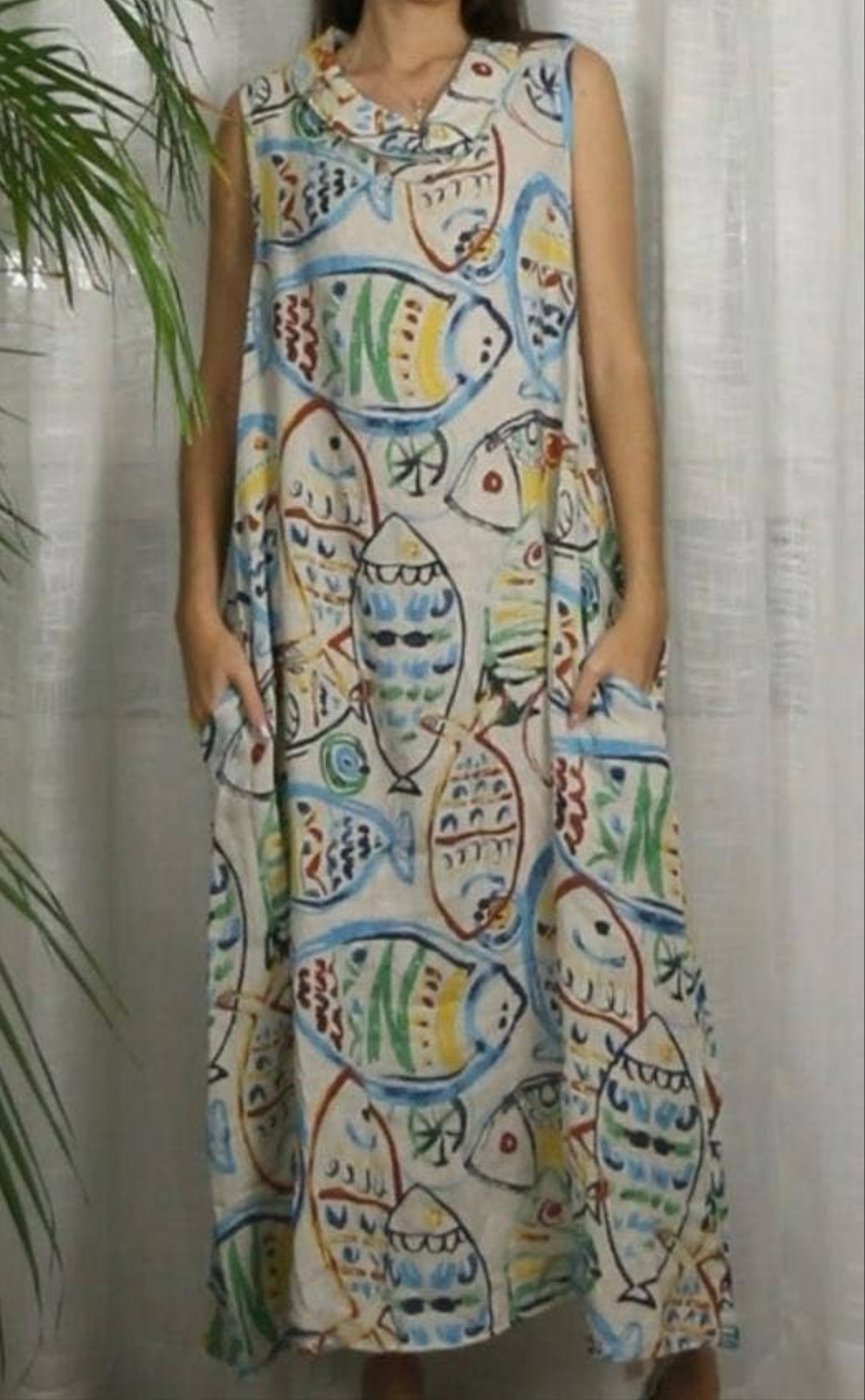 72078 Printed Fish Dress 100% Linen