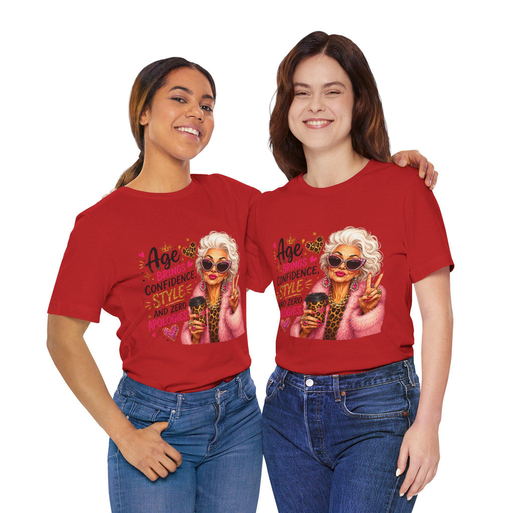 Pink fur coat grandma tee with leopard print and gold jewelry