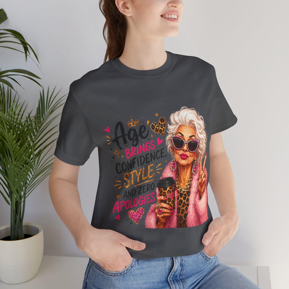 Sassy grandma coffee tee with pink fur coat and gold chain