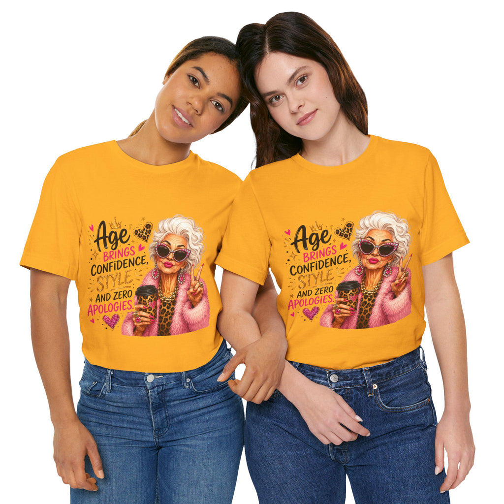 Retro glam grandma tee with white hair and cat-eye sunglasses