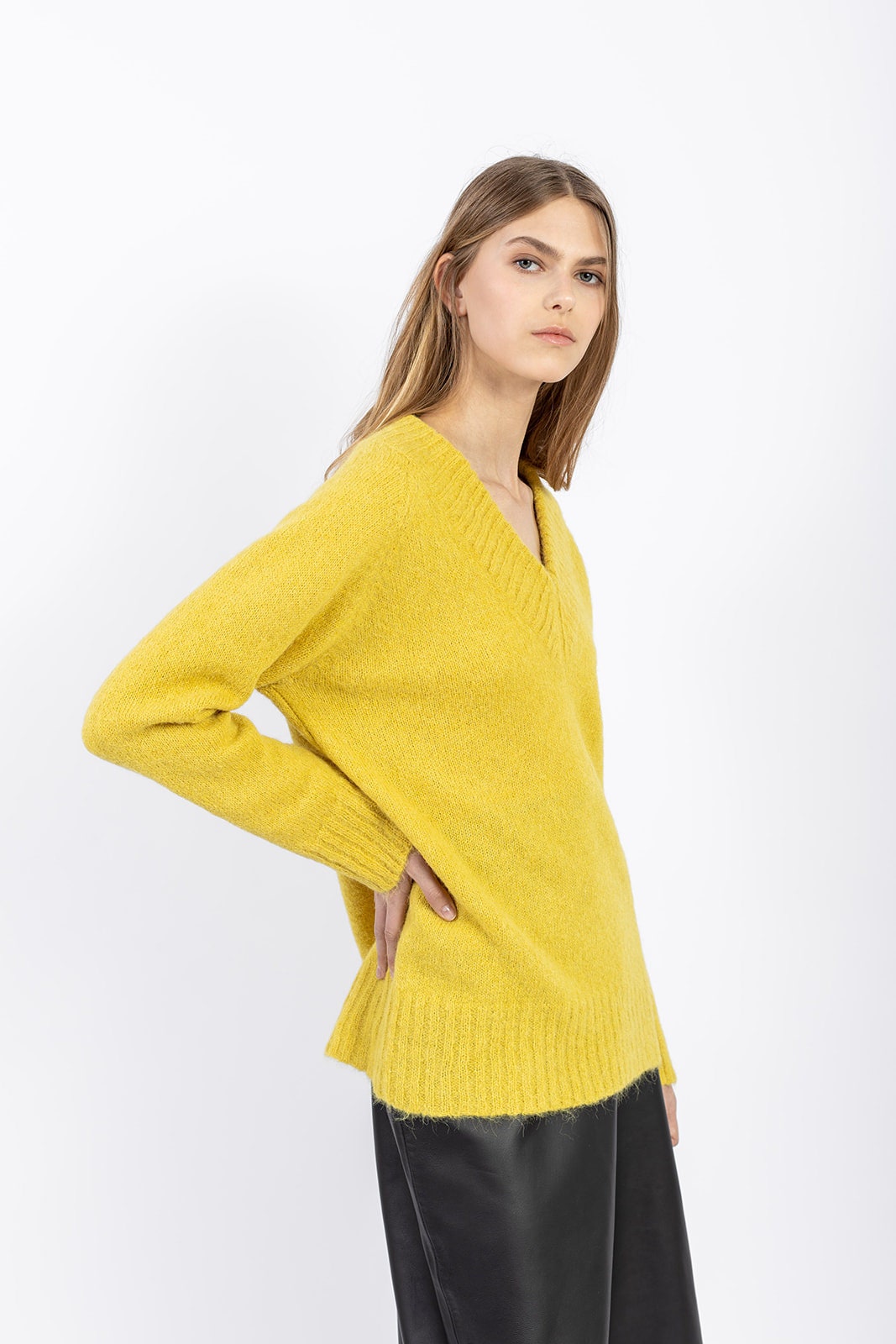 Yellow alpaca wool sweater for women, lightweight and warm, side view