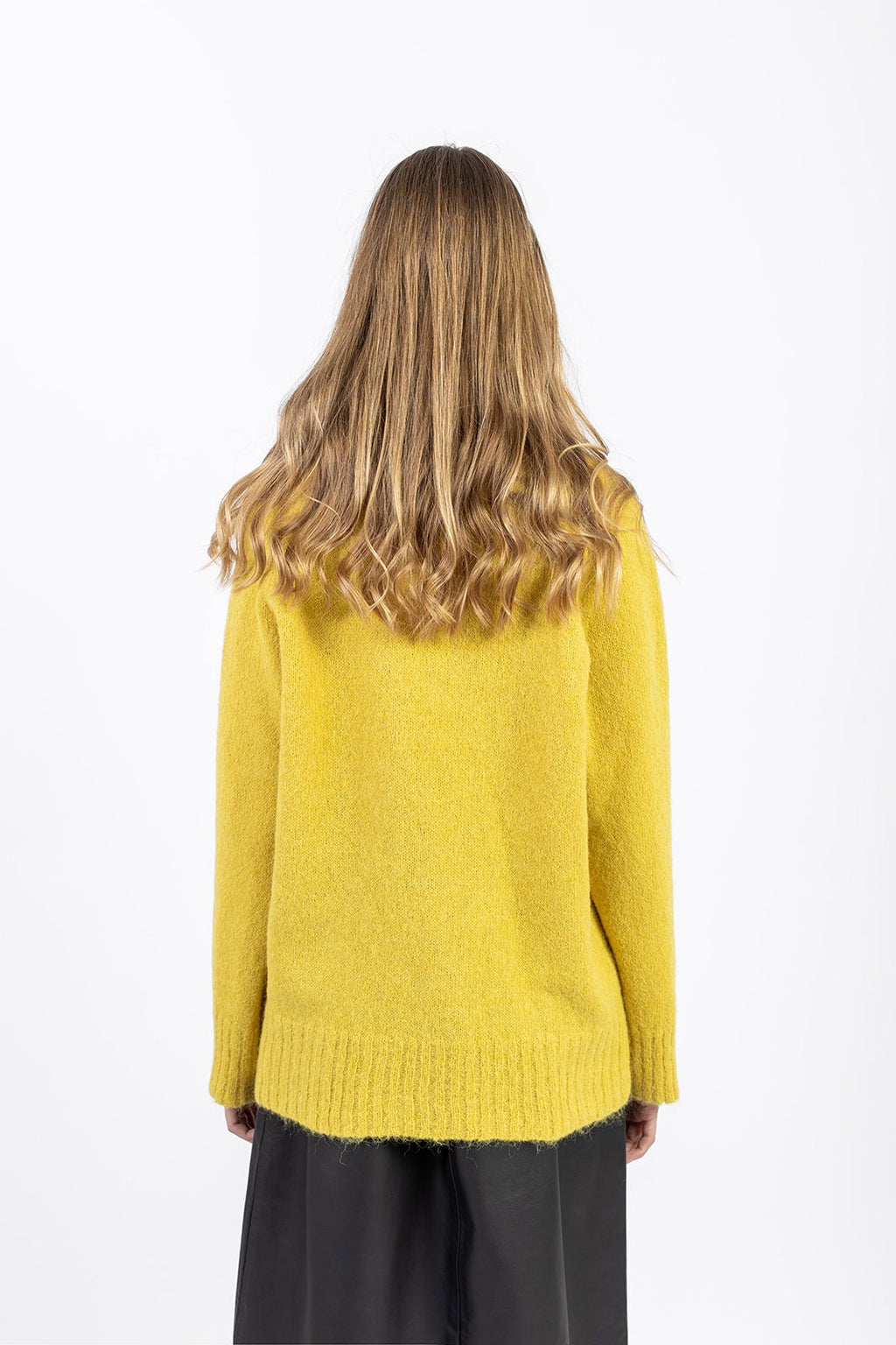 Soft yellow V-neck pullover, women's alpaca blend knit, back view