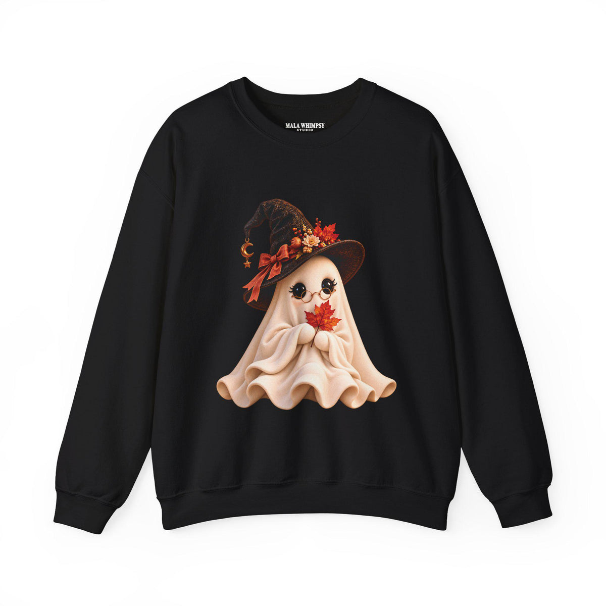Autumn Witch Ghost Sweatshirt with witch hat ghost holding red maple leaf on black fabric
