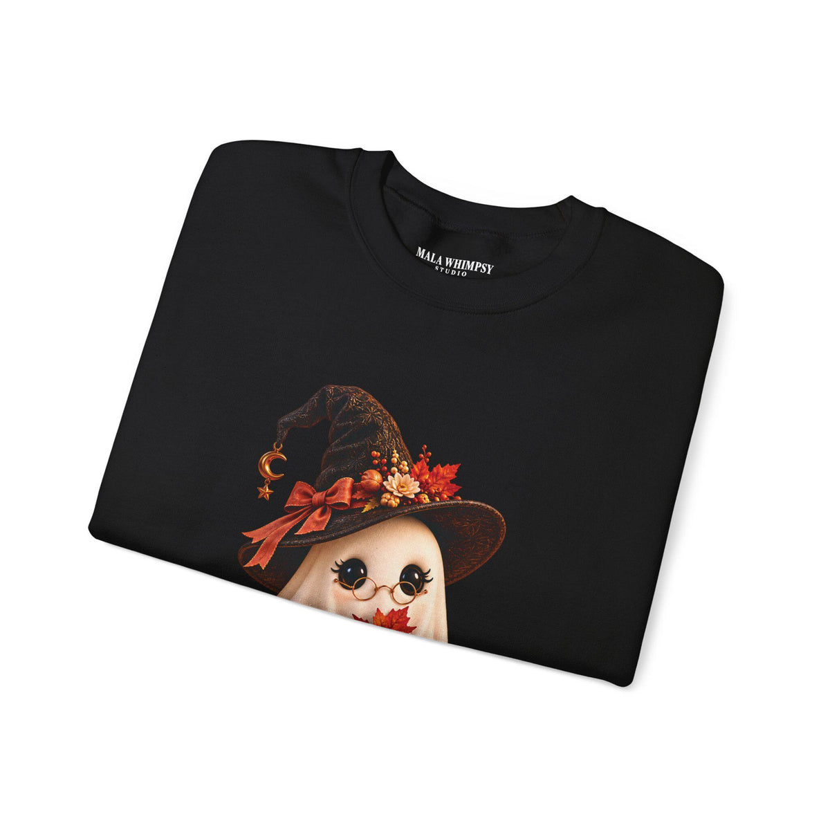 Cute Fall Halloween Crewneck featuring shy ghost in vintage sheet and autumnal witch hat