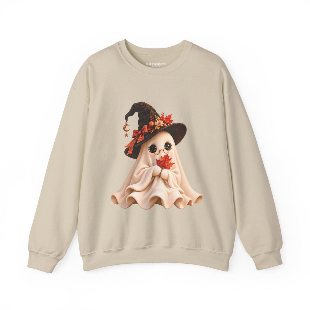 Spooky Autumn Sweatshirt with warm ochre and rust ghost illustration on deep black