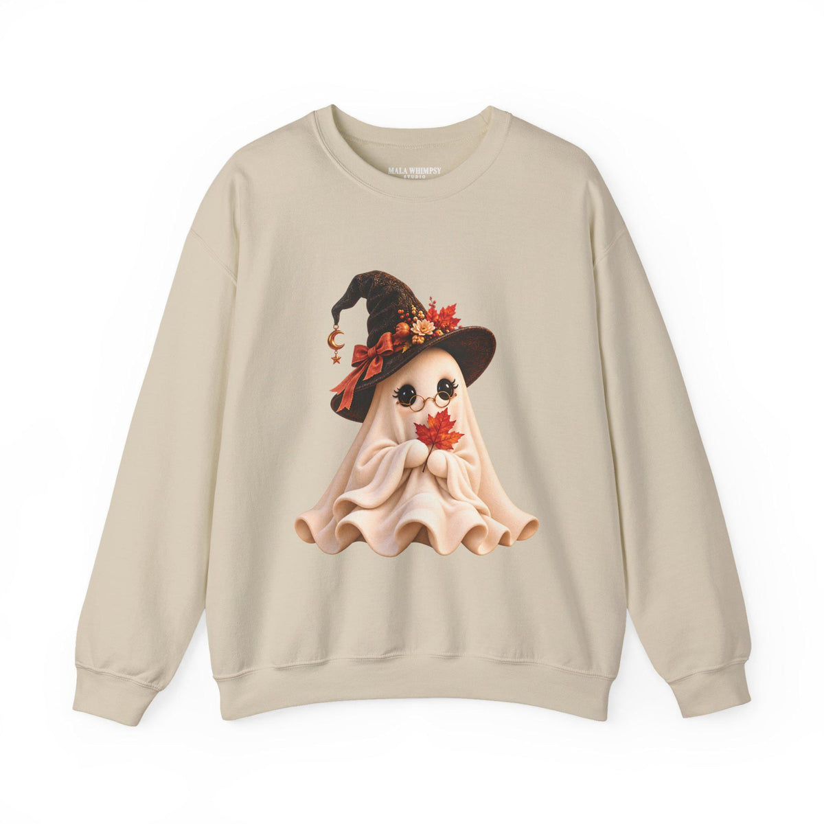 Spooky Autumn Sweatshirt with warm ochre and rust ghost illustration on deep black
