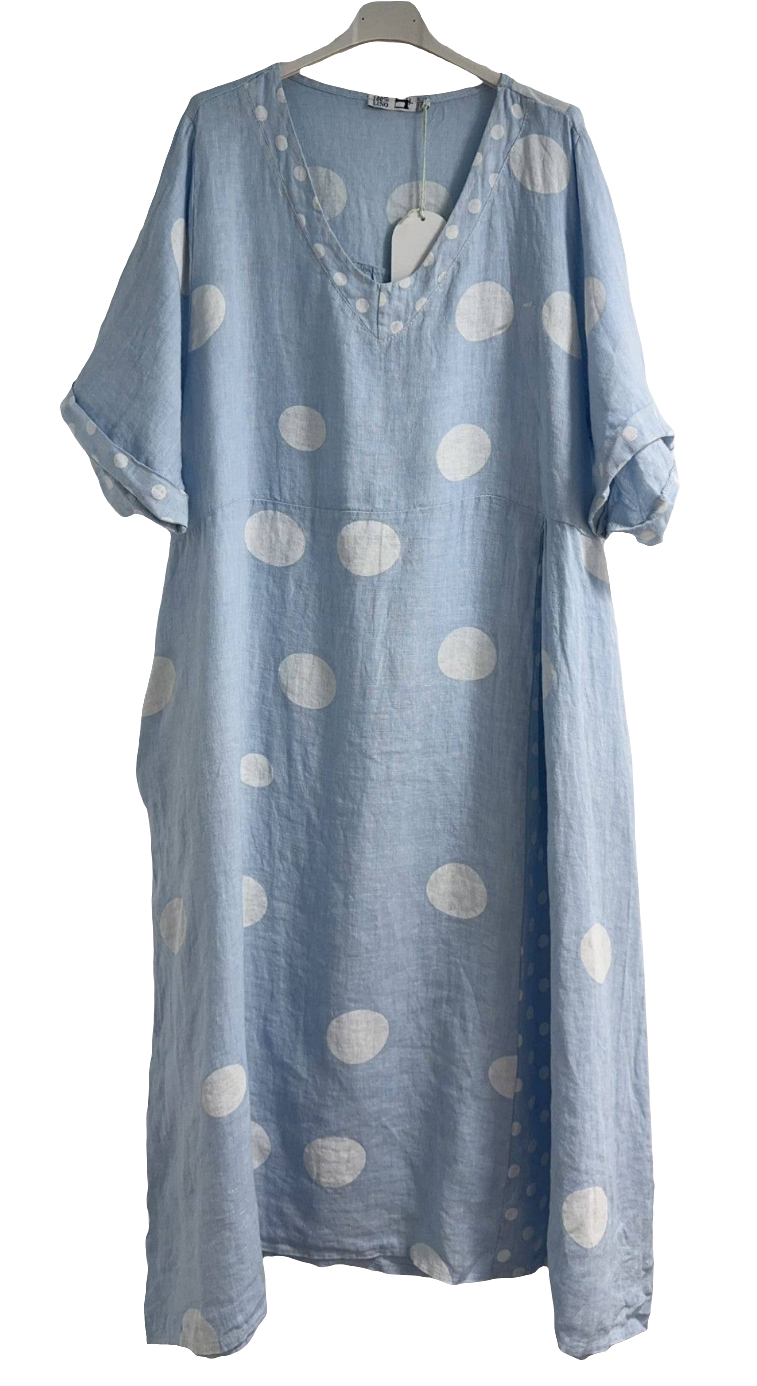 72271 Long Polka Dot Dress Linen with V-neck and Short Sleeves