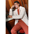 Men's beige teddy coat with silk satin lining and notched lapel collar