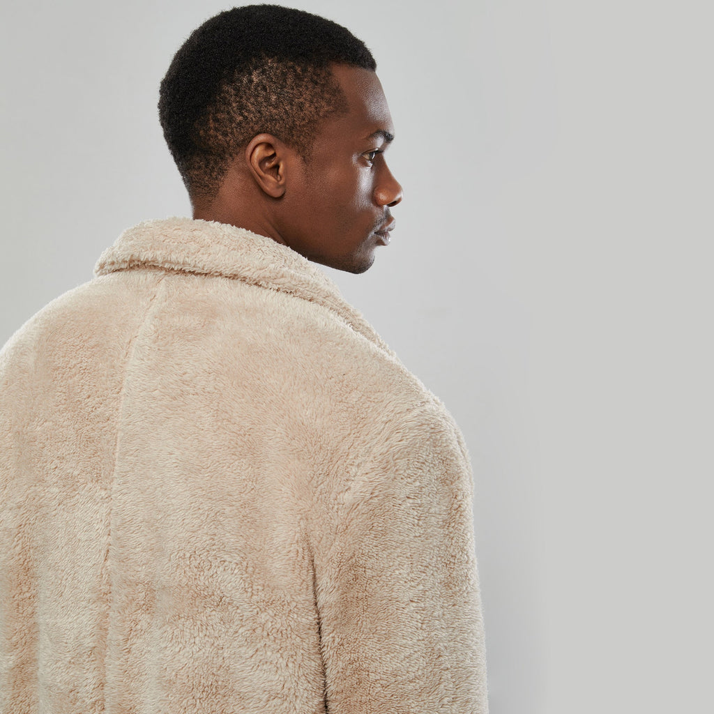 Men's camel teddy coat loose long fit with silk satin lining