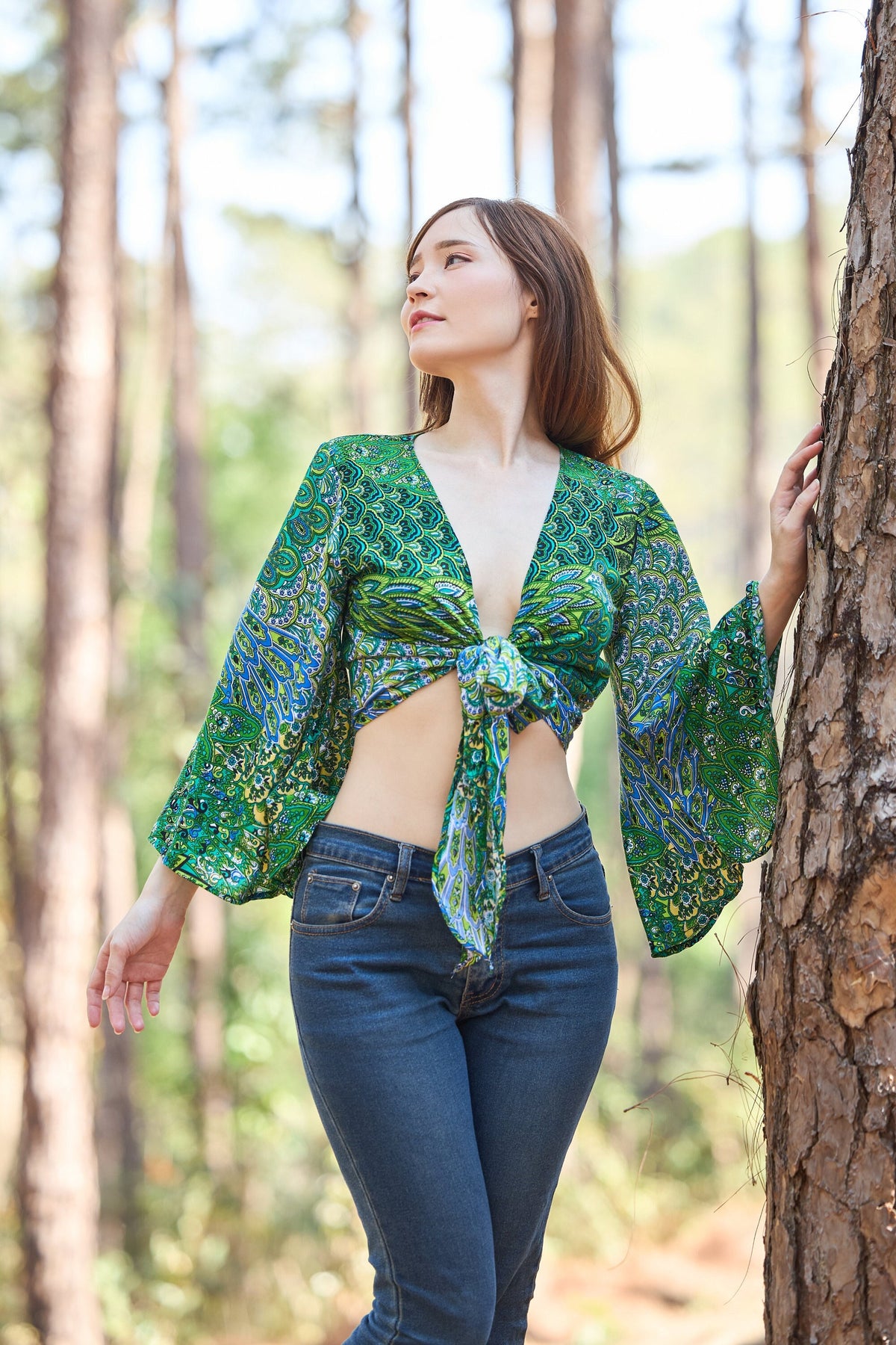 Women's green boho wrap crop top with bell sleeves handmade rayon