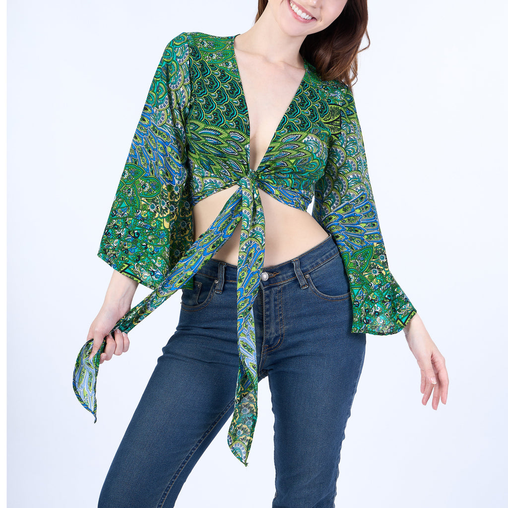 Green bohemian blouse with bell sleeves for women