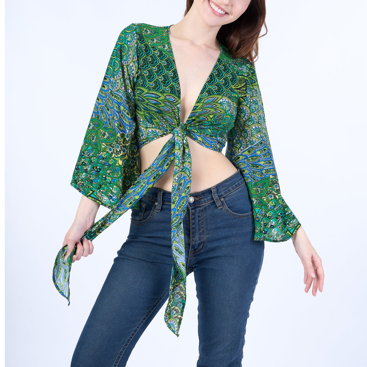 Green bohemian blouse with bell sleeves for women