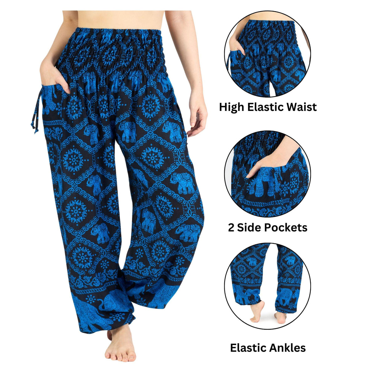Boho rayon harem pants featuring black blue elephant print and elastic ankles