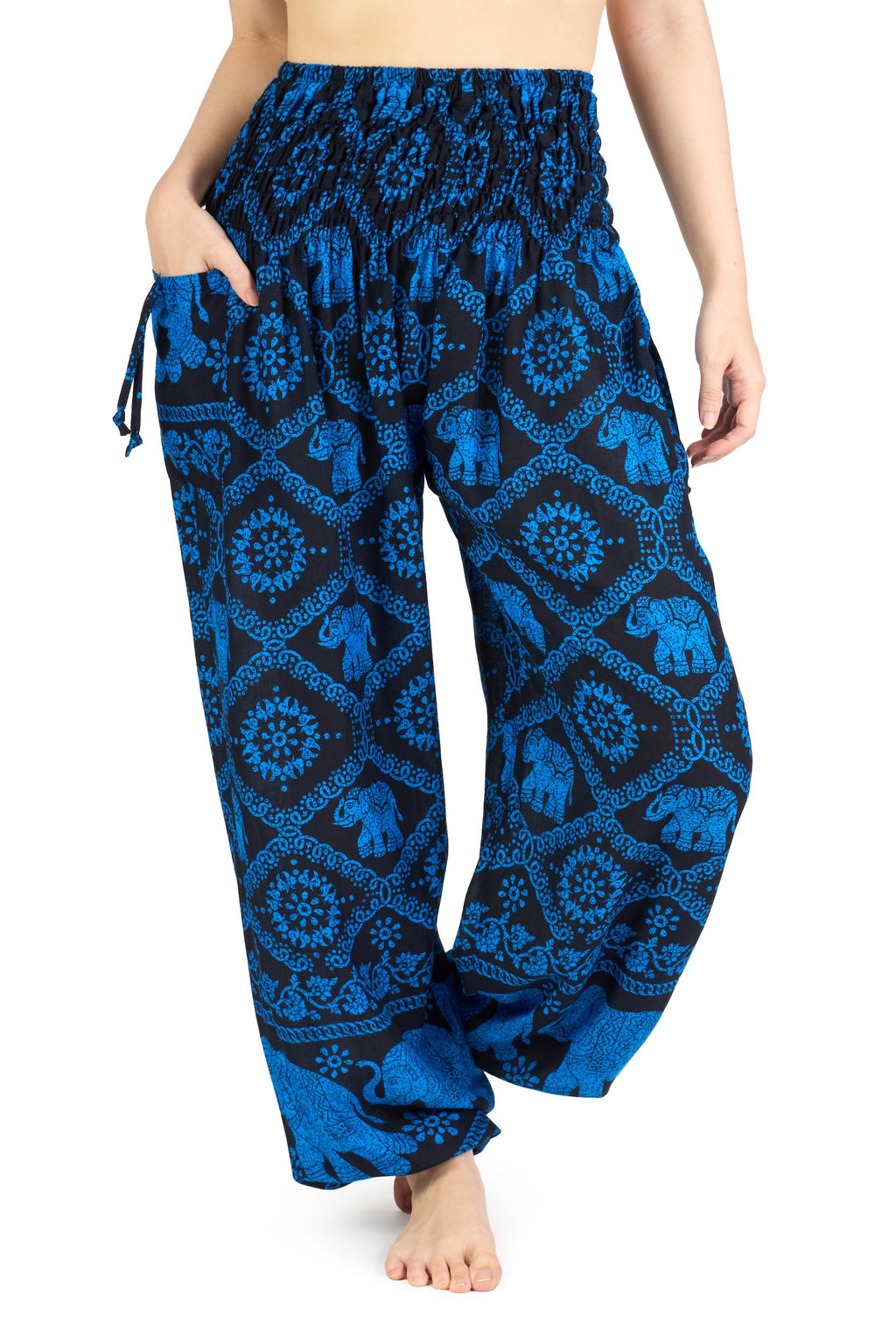 Black blue elephant print harem pants handmade from soft rayon for women