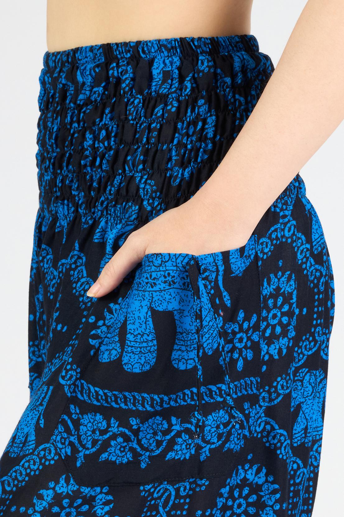Comfortable rayon harem pants in black blue elephant print with elastic ankles