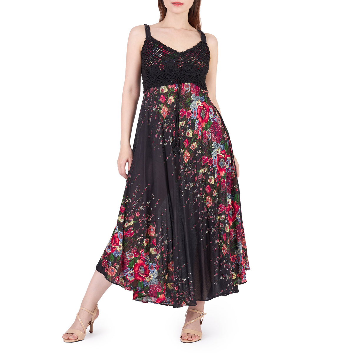 Rayon boho sundress in printed black for summer weddings and festivals