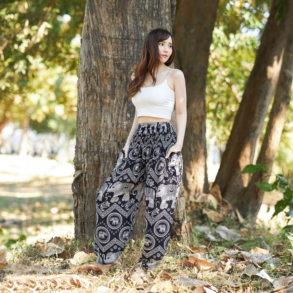 Black elephant harem pants with rayon fabric for boho yoga