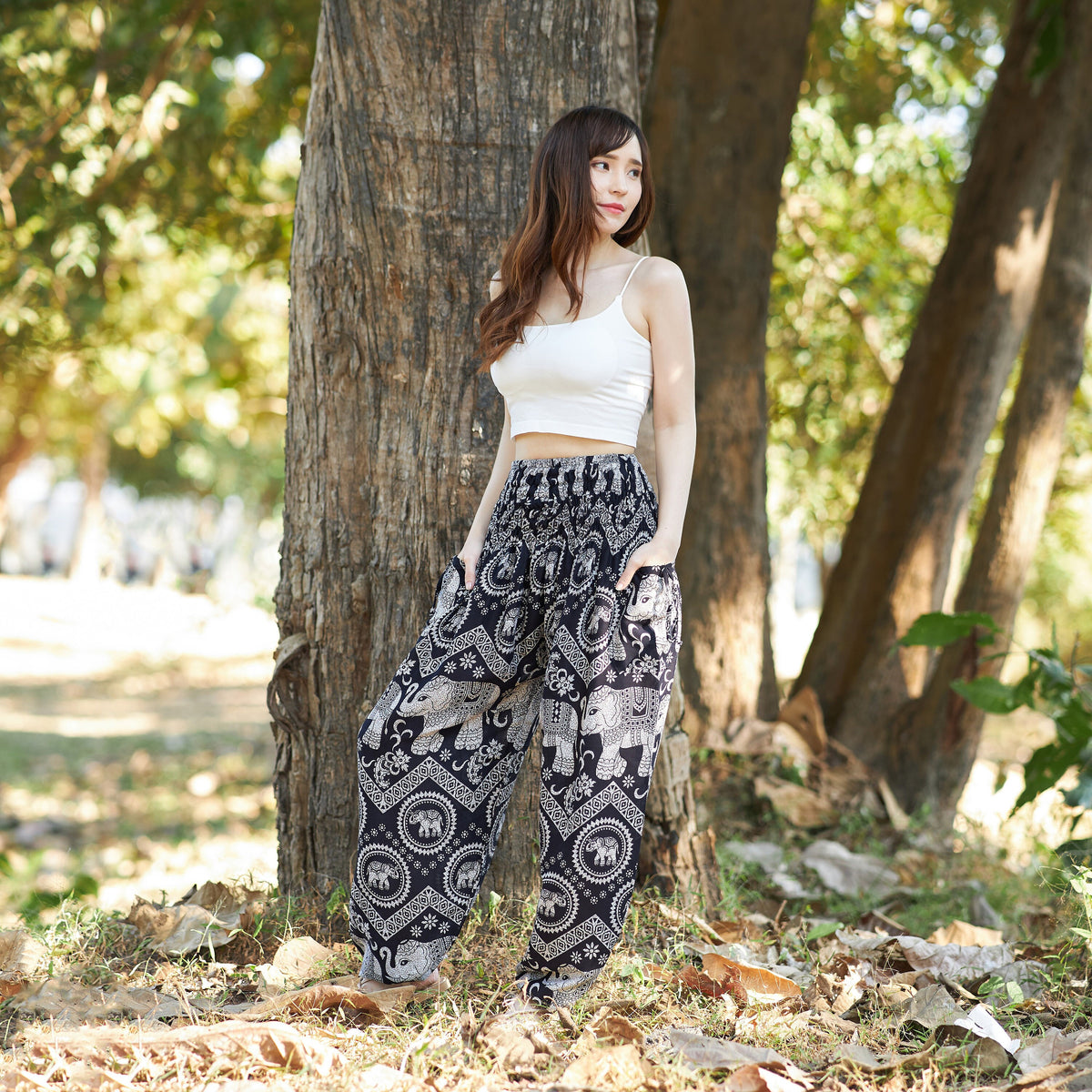 Black elephant harem pants with rayon fabric for boho yoga