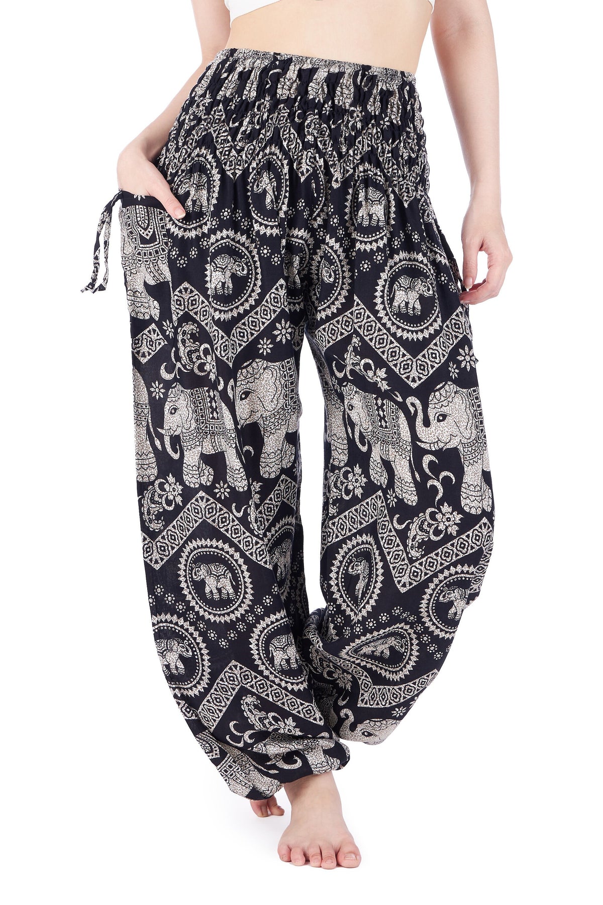 Rayon boho yoga lounge pants featuring elephant print