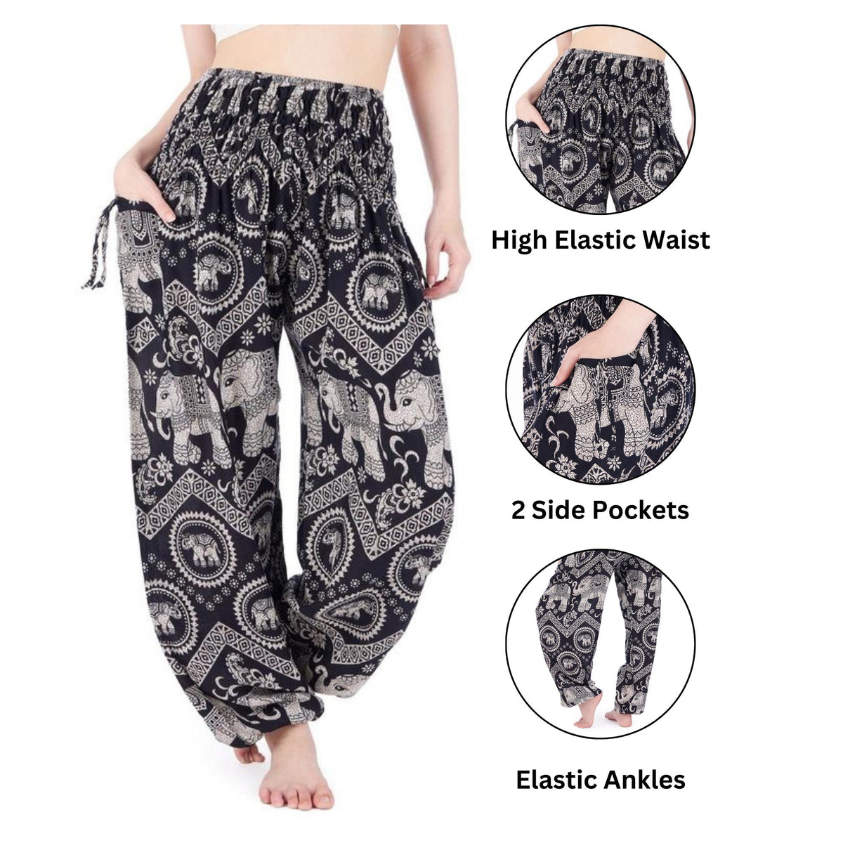 Comfortable black harem yoga pants with adjustable waist