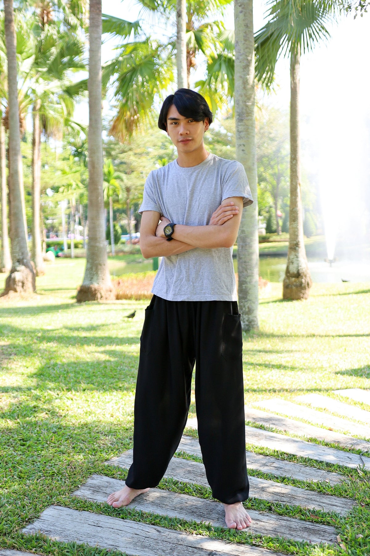 Handmade rayon hippie trousers for men in solid black