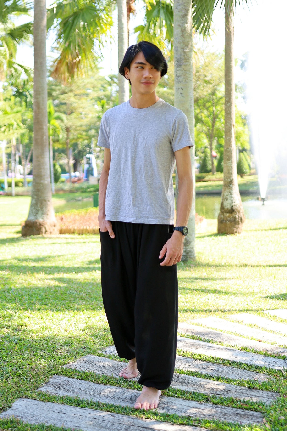Lightweight black harem pants for summer sleepwear and relaxation