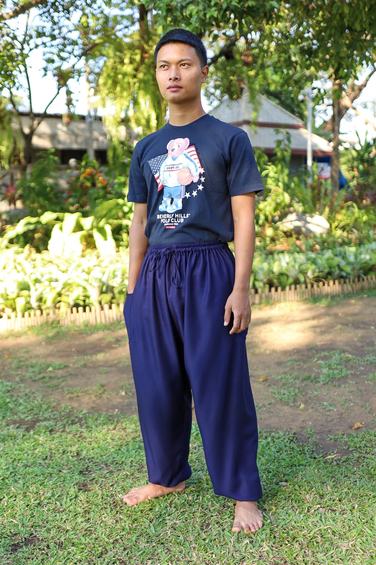 Black hippie pants for men with adjustable waist and ankles