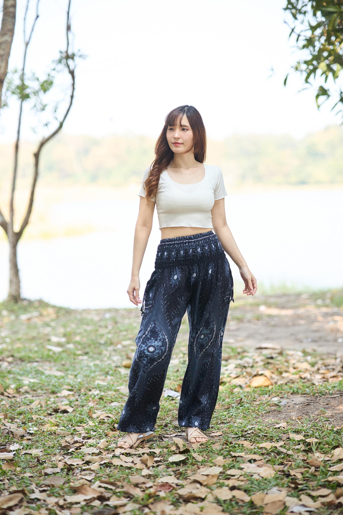 Black harem pants for women with smocked elastic waist and side pockets
