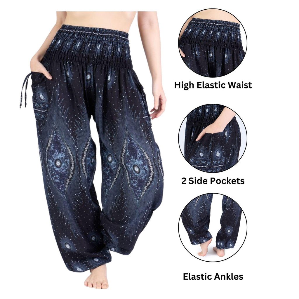 Boho hippie trousers in printed black rayon for summer festivals