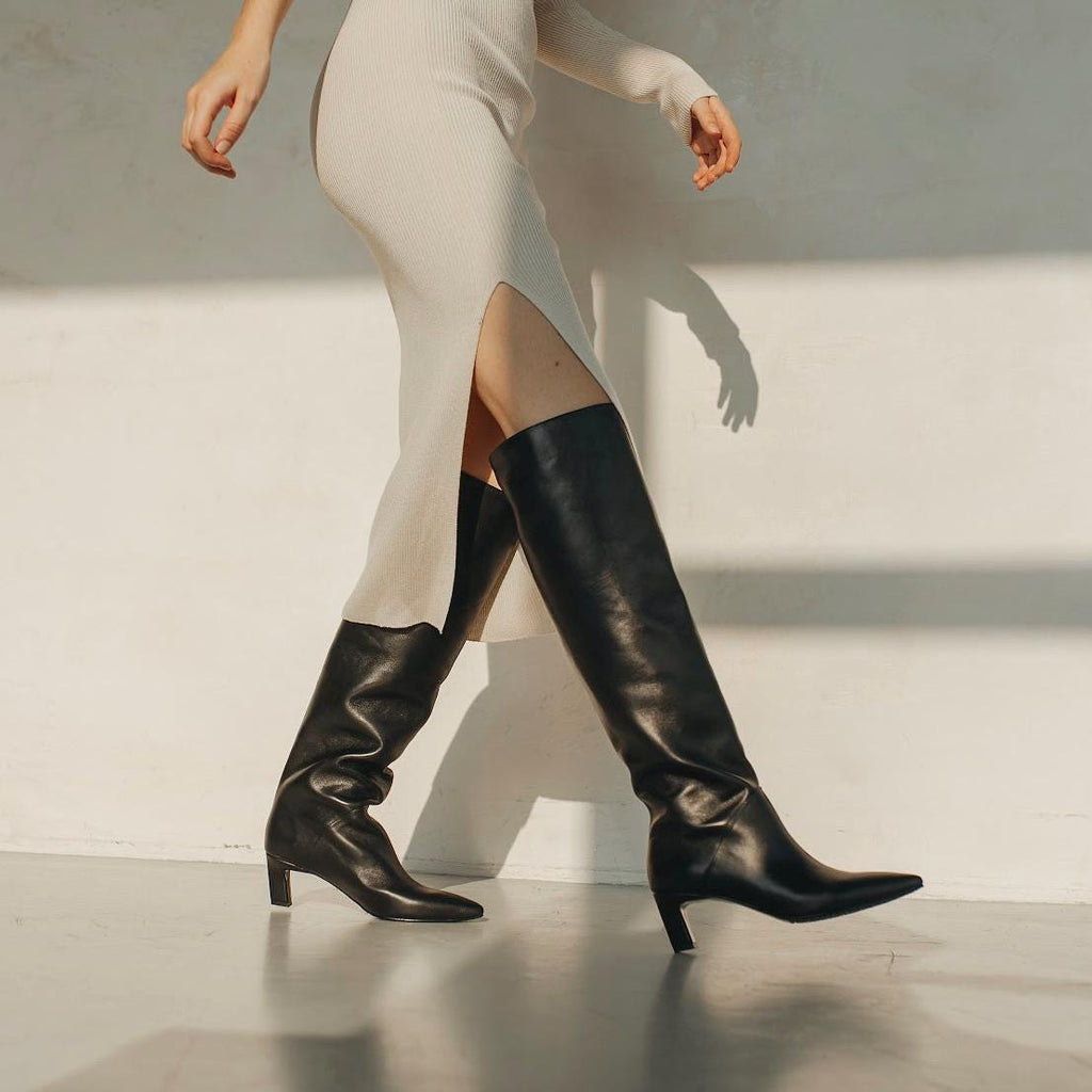 Black leather over-the-knee boots with pointy toe and 6cm kitten heel