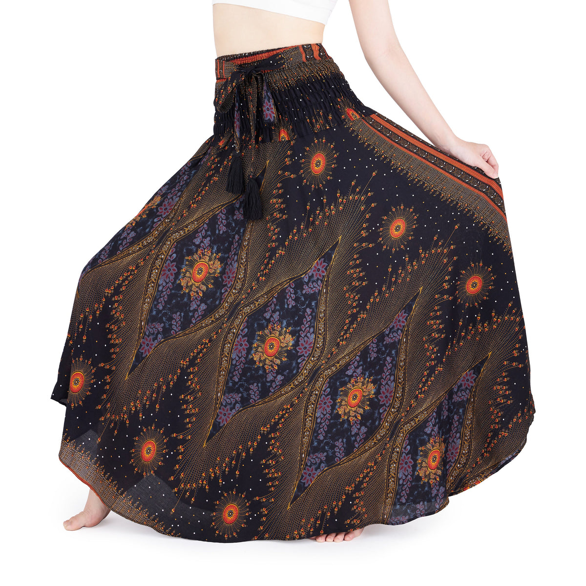 Black maxi boho skirt for women with flowy gypsy style