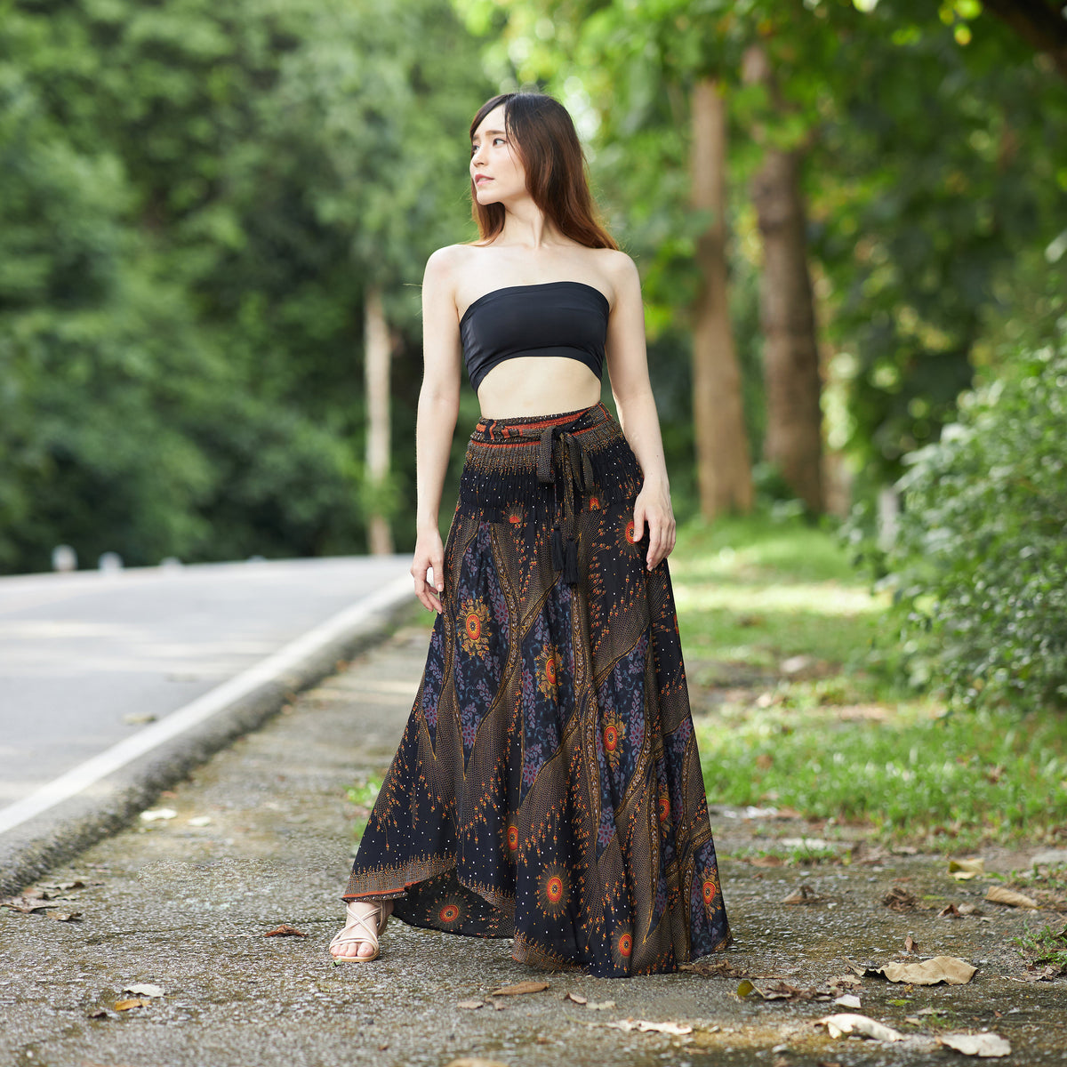 Handmade bohemian long black skirt with elastic waist
