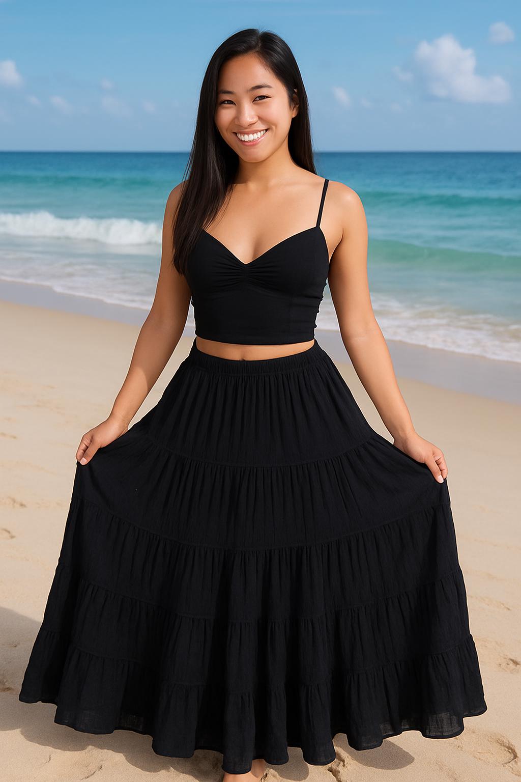 Black maxi skirt for women with long flowy tiered ruffle design