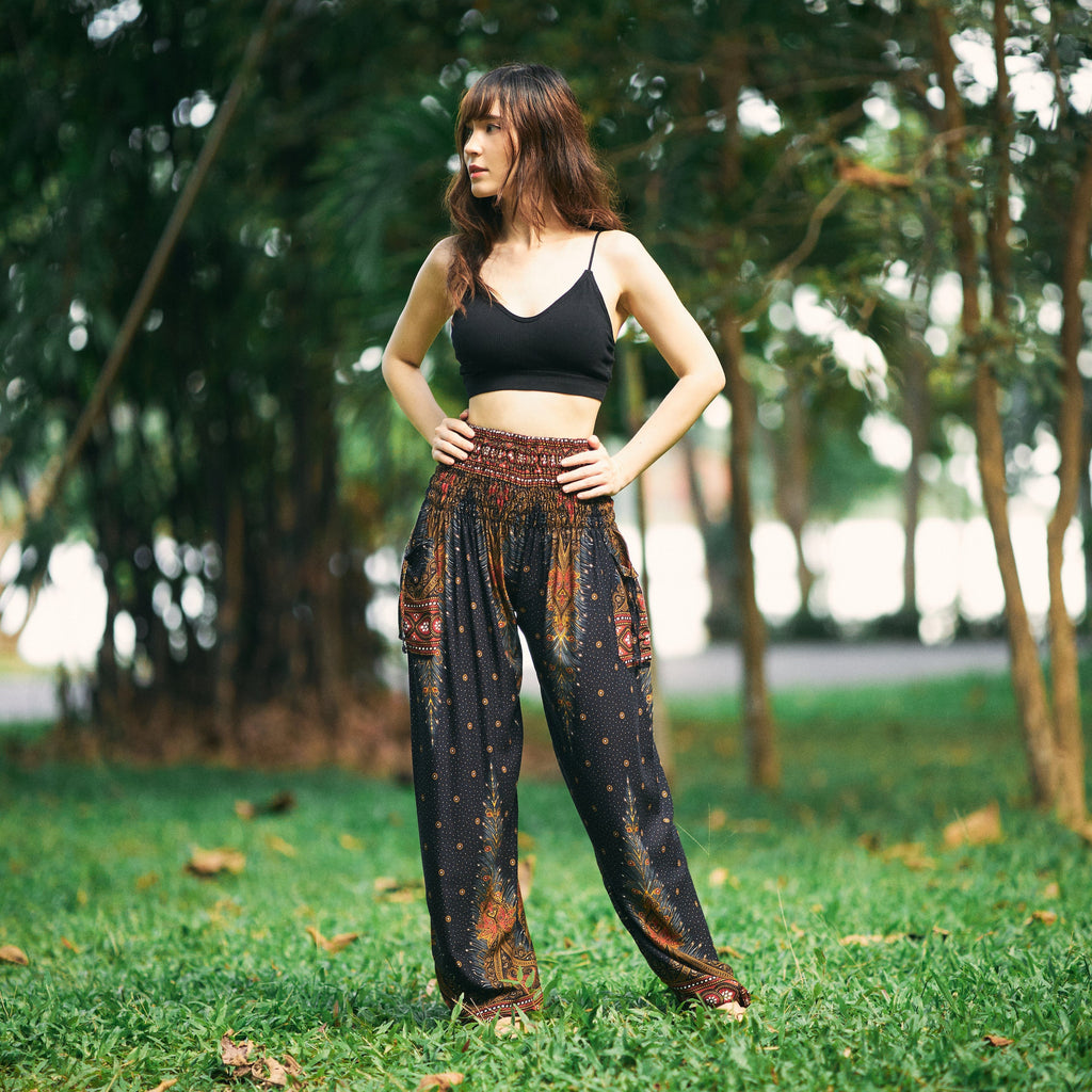 Black Peacock Harem Pants for women with boho peacock print