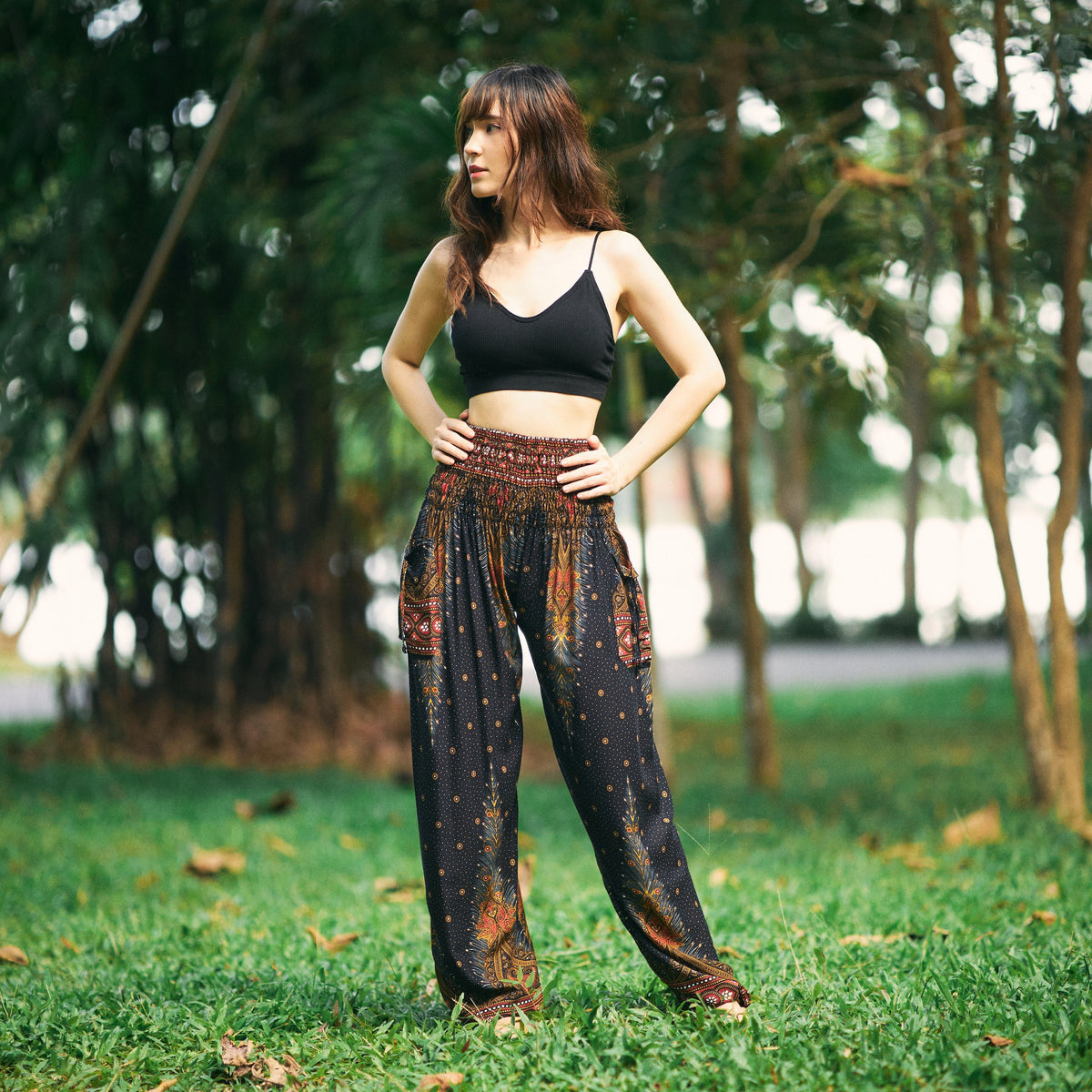 Black Peacock Harem Pants for women with boho peacock print