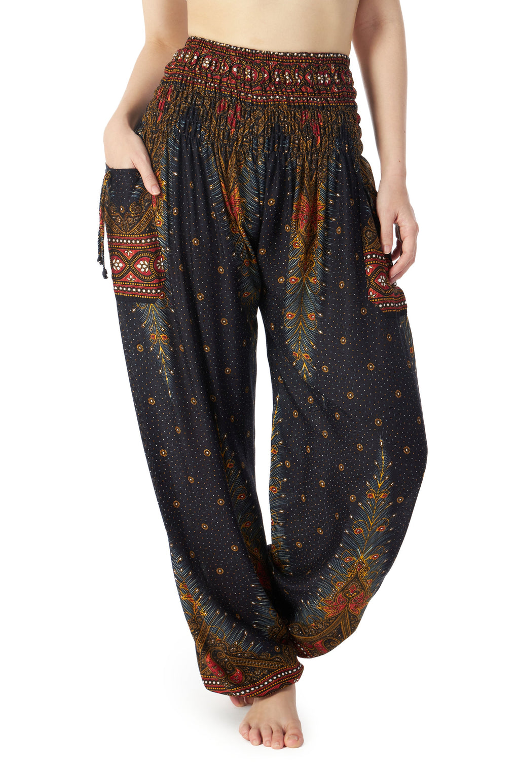 Flowy rayon yoga trousers in black peacock design