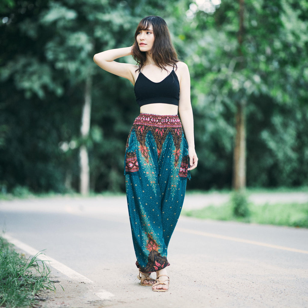 Peacock print lounge pants handmade in Thailand