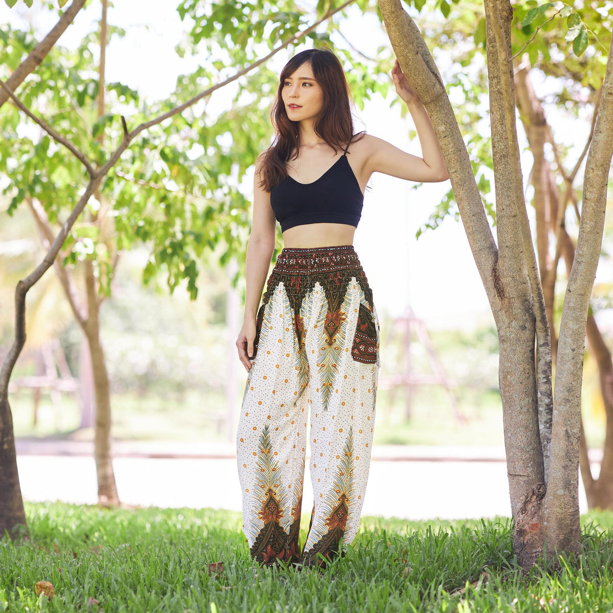Lightweight rayon harem pants with peacock pattern