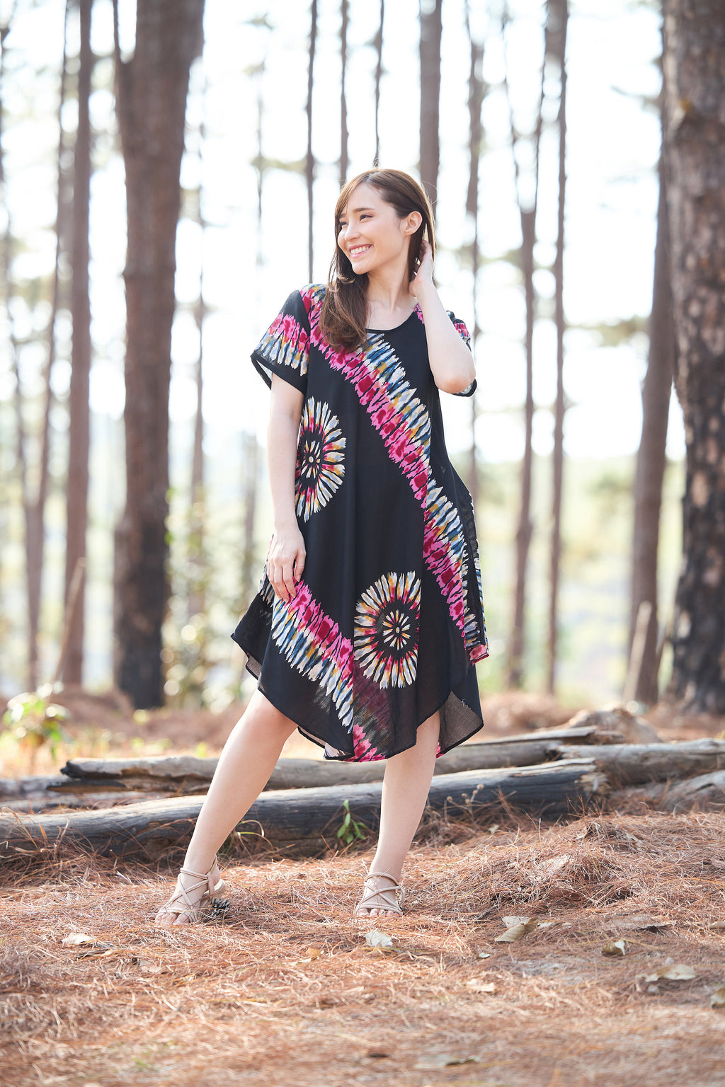 Black rayon boho dress with pockets and short sleeves for festivals