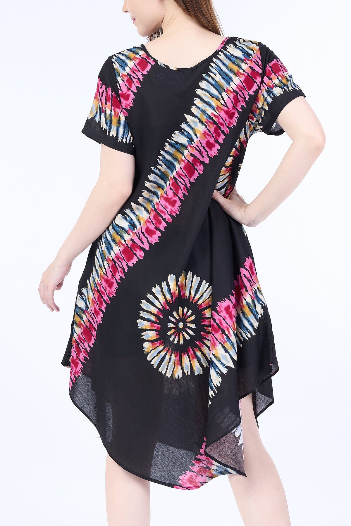 Black handmade hippie dress with short sleeves and side pockets