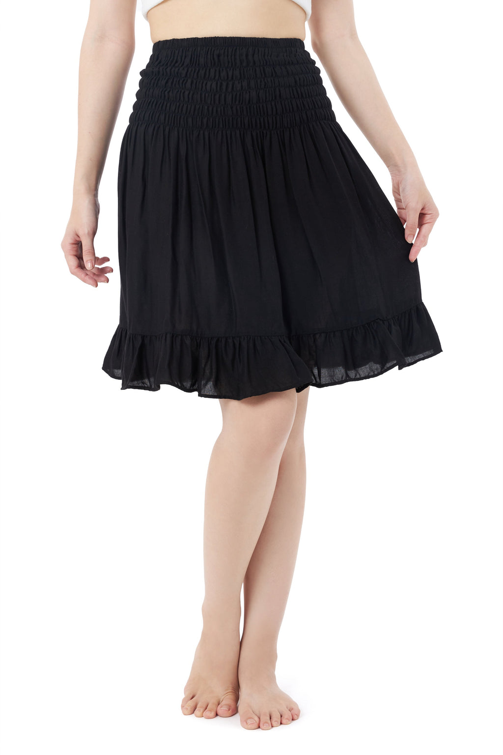 Short black boho skirt with elastic smocked waist and ruffle hem